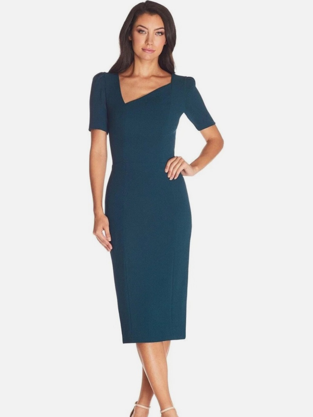 Dress the Population Teal Asymmetric Neck Midi Dress